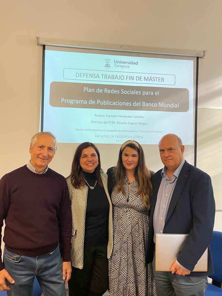 cmartalazo's tweet photo. Enhorabuena a @Carmen_FerSan por su excelente #TFM dirigido por @ricardozugasti sobre #plandeRRSS para el @BancoMundial en el que ha cerrado otro ciclo en @unizar con #matriculadehonor En el tribunal con @jgabelas y @MigEsteban ¡por otro largo recorrido académico! https://t.co/qhZncIfsuw