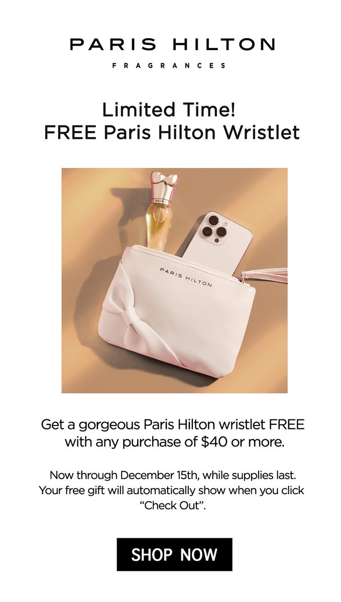 ParisHilton's tweet photo. From 11/3-12/15, receive the most adorable wristlet FREE with any $40 purchase or more on https://t.co/VjAZdBVJUe 💕 Happy Shopping! 💗 https://t.co/hjmTaqgpaM
