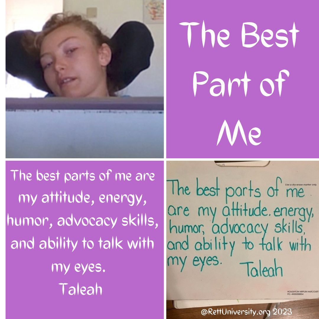 RettUniversity's tweet photo. #FridayFocus #BestPARTOfMe. This is Taleah who says the best part of her is her attitude, energy, humor, advocacy skills, and ability to talk with her eyes. These are some amazing qualities Taleah and we think they are the best part of you too! https://t.co/agbxndb1uF