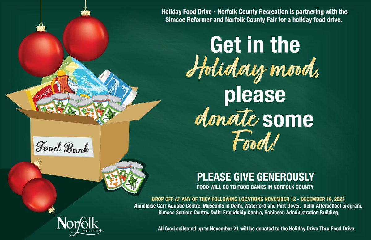 NOV. 12th - DEC. 16th:

The Port Dover Harbour Museum is proud to be one of the drop off locations for this year's Holiday Food Drive! We've got a tote in our boat (that's fun to say!) &amp; we'd love to fill it up w/ donations to help stock our local food banks. Open Wed-Sat 10-4pm.