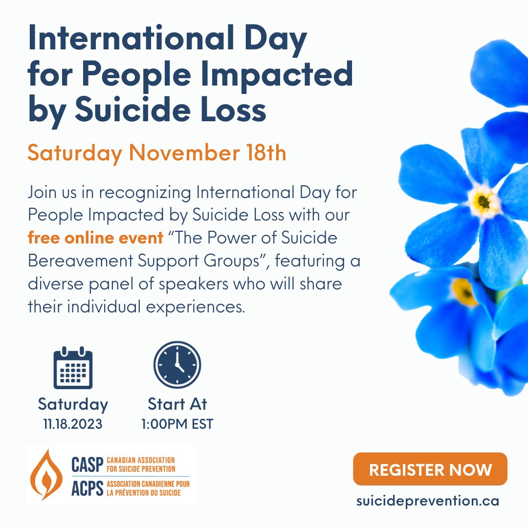 Tomorrow is International Day for People Impacted by Suicide Loss, and we invite you to join us for our free online event "The Power of Suicide Bereavement Support Groups" Register at bit.ly/46ubfXD