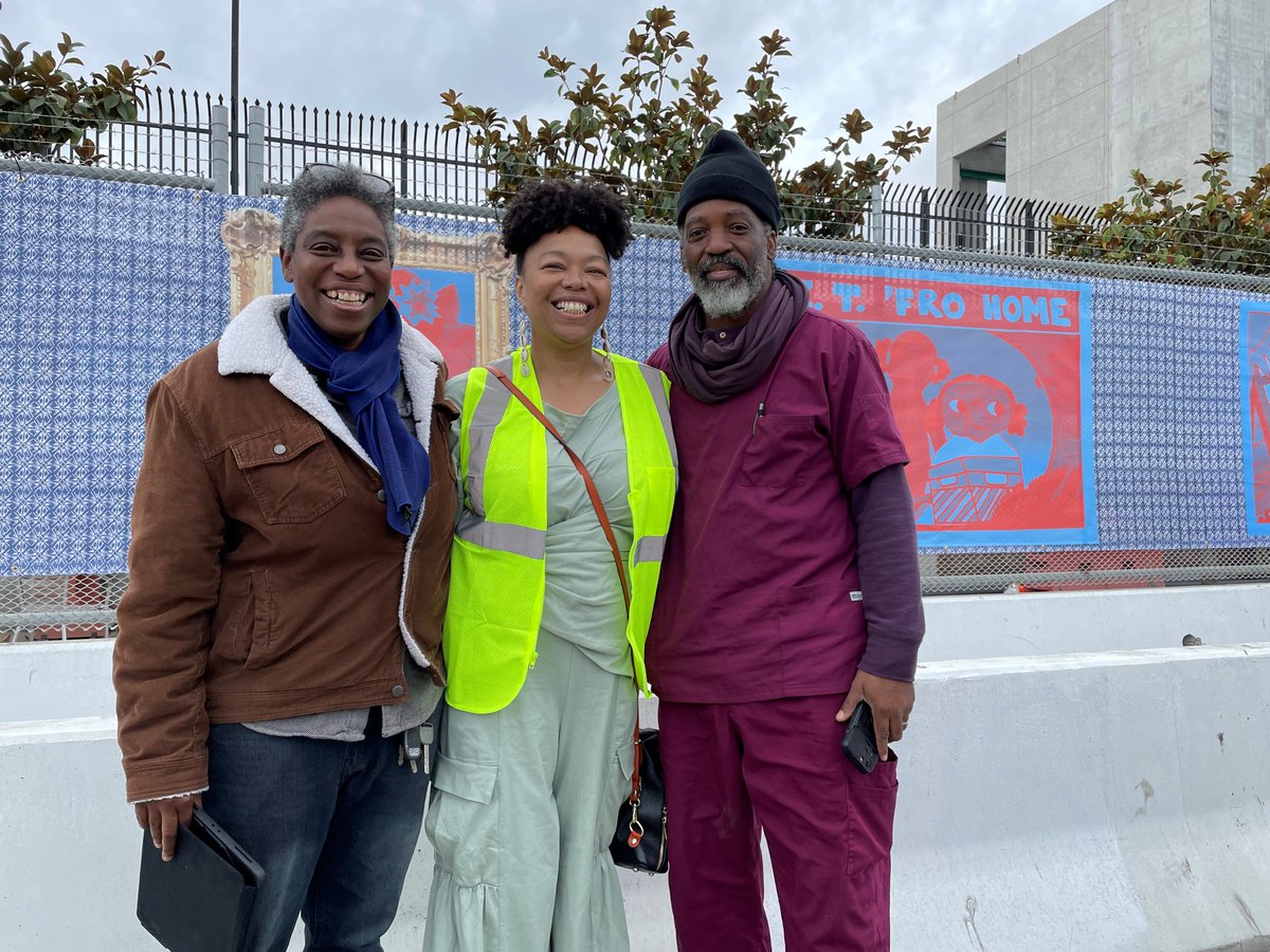 MySFPUC's tweet photo. In partnership with the @SFAC, the New Headworks Facility Project construction fence temporary art program features local artists who display their artwork for one year. Afatasi the Artist is the latest artist to participate in this program and her work is now on display! https://t.co/HSvnlvKCmI