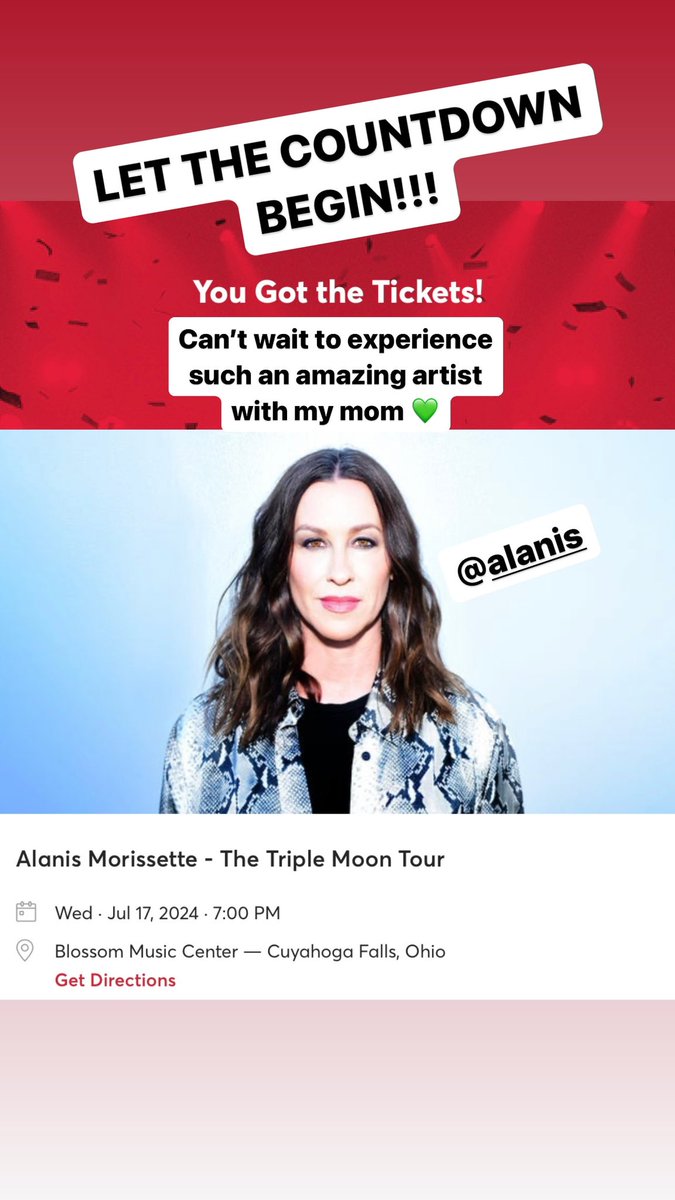 Saw Alanis a few years ago at Blossom with the intent of bringing my mom, but she couldn’t come. Excited to be able to treat her to a second-chance to see the soundtrack to her high school years! The best concert I’ve ever been to, can’t wait to see you next year @Alanis 🫶
