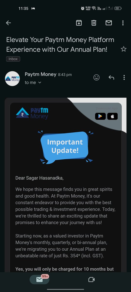 Hasanadka's tweet photo. @PaytmMoneyCare @Paytmcare Is ₹354 chargeable for everyone? I don't want to opt for any plans! Please mention clearly what I have to do to opt out? I can even transfer all my mutual funds to different platforms if you force me to opt! https://t.co/wFEhOrb7dJ