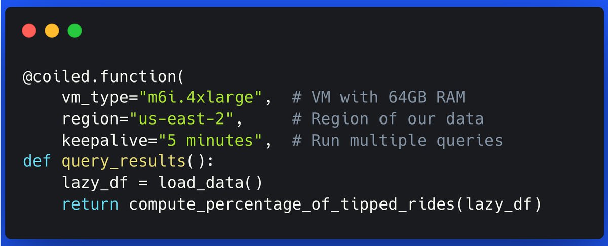New blog post on how to process large datasets with @DataPolars in the cloud. Polars is a great tool for querying large datasets. When you need more memory, you can use Coiled serverless functions to run Polars on a big VM in the cloud. medium.com/coiled-hq/proc…