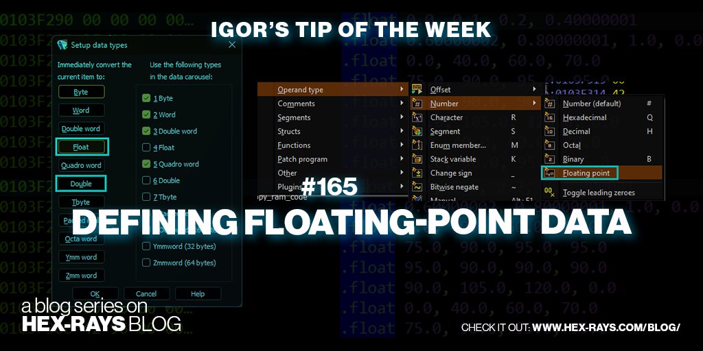 HexRaysSA's tweet photo. You’ve discovered an area in the binary that looks like a table of floating point values? See how to display it nicely 🌐 https://t.co/y2UgIahaRO

#IgorsTipOfTheWeek #IDAtips #IDAPro https://t.co/oUj8VZ4Fym