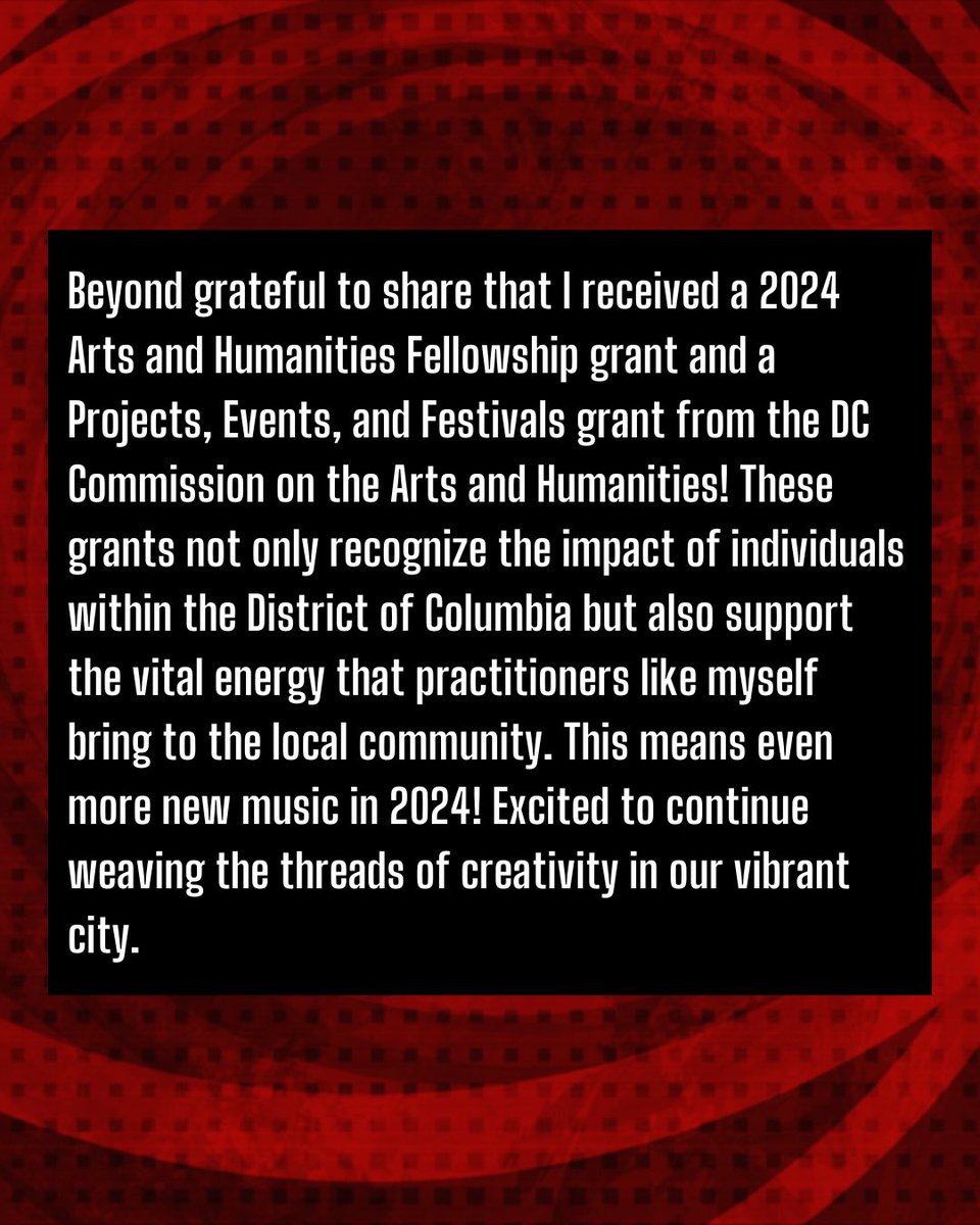 🎵 Beyond grateful to share that I received a 2024 Arts and Humanities Fellowship grant and a Projects, Events, and Festivals grant from the DC Commission on the Arts and Humanities! This means even more new music in 2024! 👹