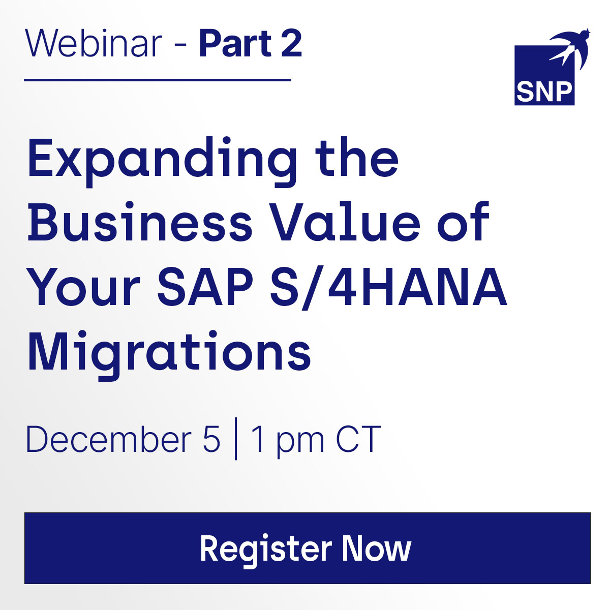 Join SNP on Tuesday, Dec 5th for Part II of our #SAP #S4HANA Webinar Series. Hear examples of combining multiple steps into a single go-live and discover the benefits of archiving and system decommissioning.   Register:brnw.ch/21wEtn5 

#SNPgroup #RiseWithSAP #BLUEFIELD