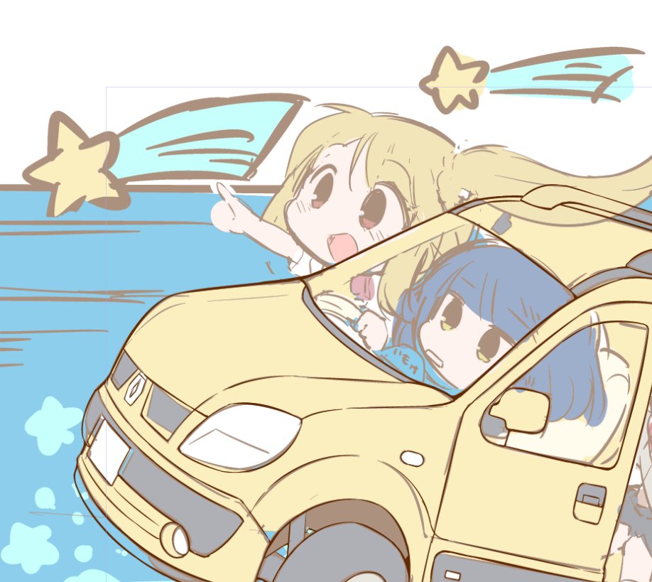 ijichi nijika ,yamada ryo multiple girls driving blue hair ground vehicle blonde hair side ponytail motor vehicle  illustration images