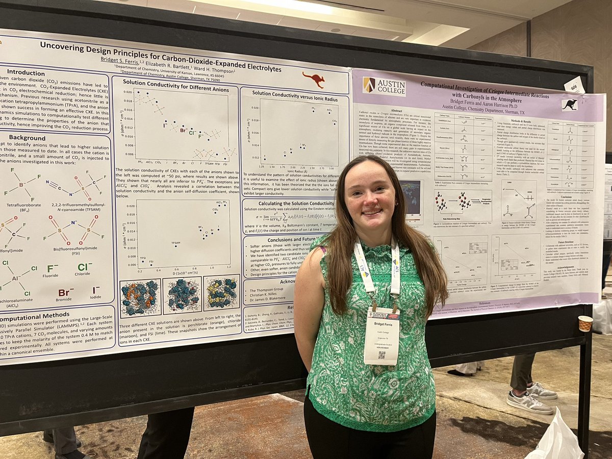 @AustinCollege undergraduate Bridget Ferris presenting our computational research on Criegee Intermediates at #SWRM2023. Congrats! And thank you for being such a phenomenal student (and aspiring theoretical chemist)!