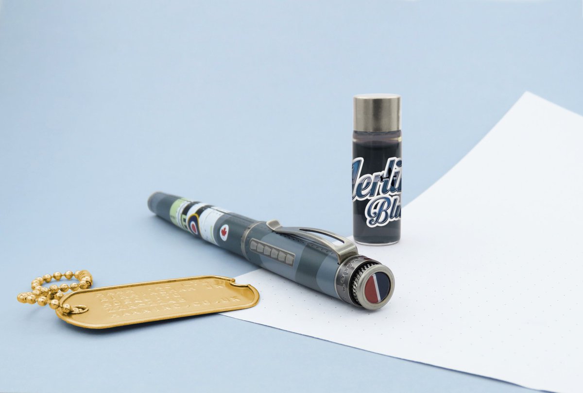 Retro1951's tweet photo. New from Mann Inc, the Spitfire Mk IX Fountain Pen. This is a limited edition of only 250 pieces that comes in a special gift box that includes a brass dog tag and 5 ml of Merlin ink. Grab yours today:
https://t.co/hUtmxoEYN2
.
.
#spitfire #spitfiremkix #wwiihistory #historygift https://t.co/ahAmIEV7iB
