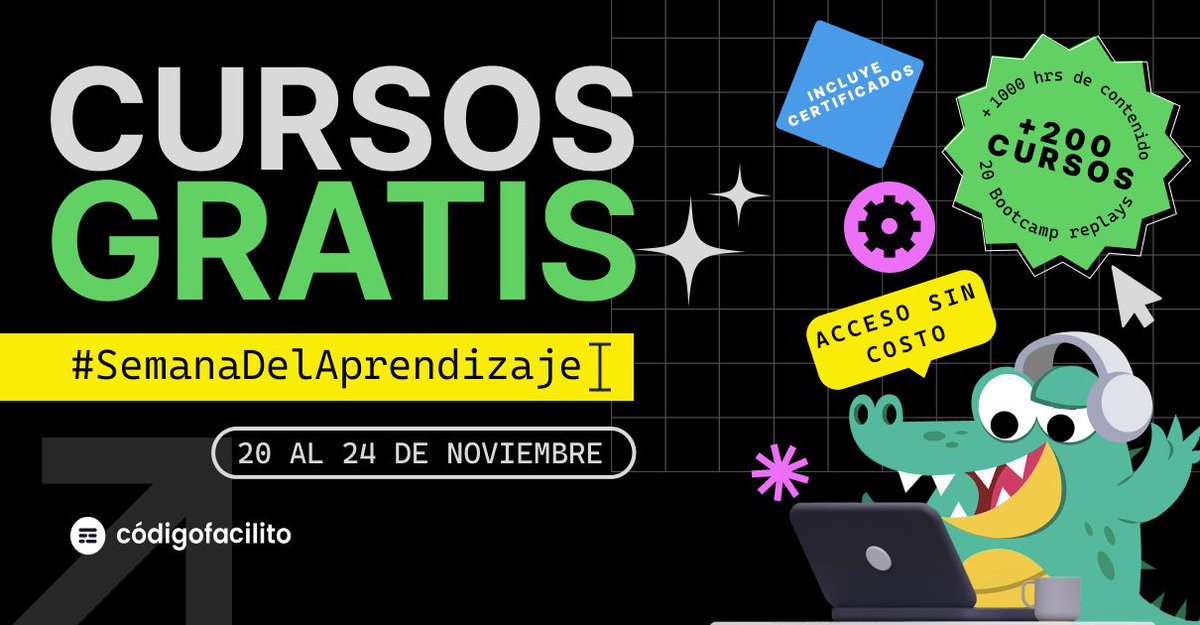 codigofacilito's tweet photo. ¿Cursos gratis? ¡CURSOS GRATIS! 🐊 💚 
https://t.co/NKbrPOxY1l 

Sabías que en Código Facilito tienes acceso a más de 1000 HORAS de contenido especializado de: Python, Ciencia de Datos, ML, IA, Frontend, Backend, Móvil, Cloud y más...

SIN COSTO del 20 al 24 de Nov. 💥 https://t.co/Ow4DY5es8t