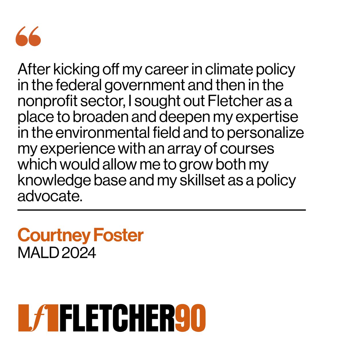 FletcherSchool's tweet photo. Celebrating 90 years of forging futures at Fletcher! MALD student Courtney Foster shares her path from the federal government to the nonprofit sector, and now at Fletcher, crafting a personalized experience in environmental policy advocacy #Fletcher90 https://t.co/ABTtF3xyMA