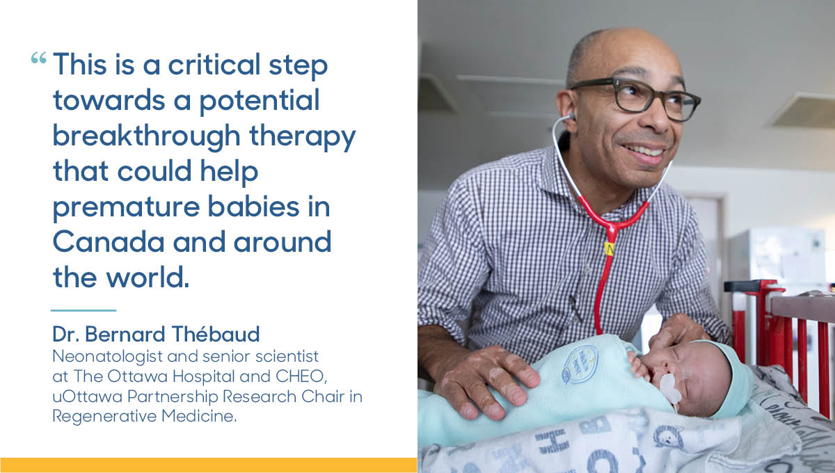 OttawaHospital's tweet photo. This #WorldPrematurityDay, we’re thankful for the 9 families participating in our world-first clinical trial of cell therapy to prevent lung injury in #preterm babies. 

Hear from Dr. Bernard Thébaud how the trial’s going so far: https://t.co/0ao7opt4mC #ottnews https://t.co/vePvWGoFNY