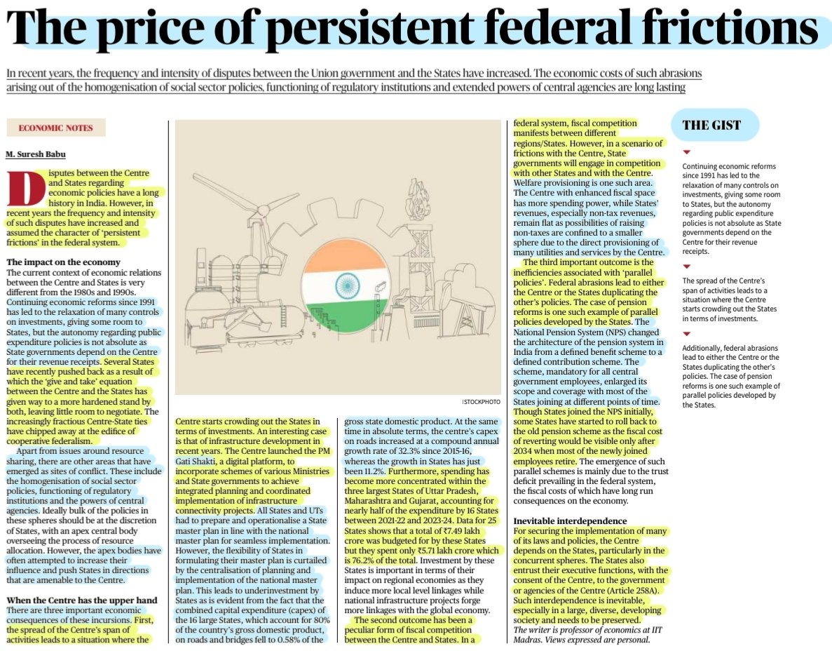 'The Price of Persistent Federal frictions'
:Well explained by Prof. M. Suresh Babu 

#Centre #States #Federalism #CooperativeFederalism 
#FederalFrictions 
#EconomicReforms #economy #revenue #RevenueAllocation 
#investments #policy 
#Interdependence 
#Polity 

#UPSC 

Source: TH