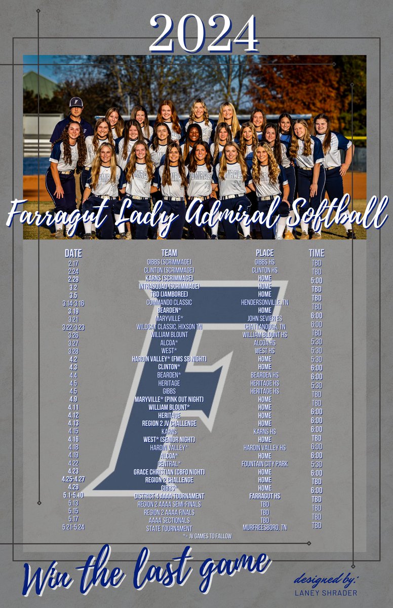FarragutSB's tweet photo. 2024 Farragut HS Softball schedule

Thank you to Mark Mustard for the photo shoot and Laney Shrader for graphic design. https://t.co/ifS5kZpZMH