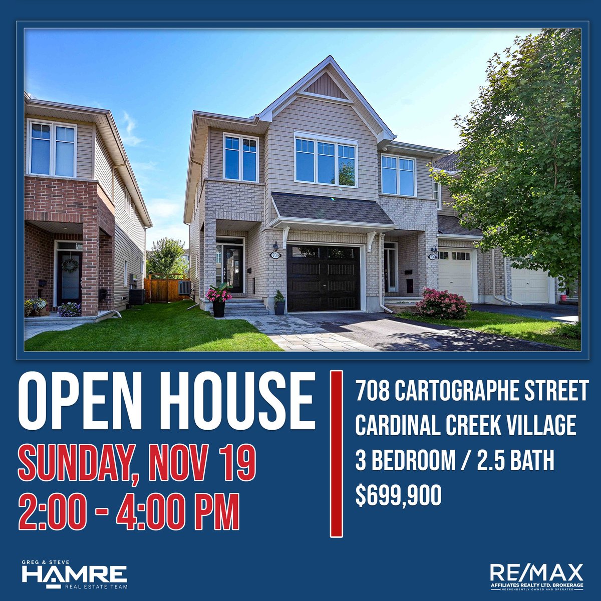 🤩Exciting event this weekend! Open House!

✍️You're invited...

👉Sunday November 19th 2-4pm!

🏡 708 Cartographe Street
📌 Cardinal Creek Village
🛏  3 bedroom / 2.5 bath 🛁
💰  $699,900

Learn more: rem.ax/708Cartographe

#OpenHouseOttawa