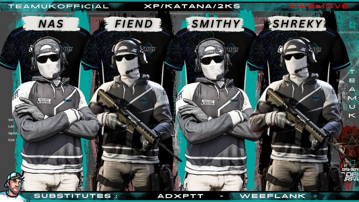 Very pleased to announce our roster for #MWIII season

🔱 | <a href="/twistnether/">Skreky</a> 
🔱 | <a href="/NasMiah10/">Nas</a> 
🔱 | <a href="/SmithyyEU/">Smithyy</a> 
🔱 | @fre3mz 

🆘 | Substitutes
🔱 | <a href="/_AdxpTT/">🏴󠁧󠁢󠁳󠁣󠁴󠁿adapT</a> 
🔱 | <a href="/wee_flank/">Wee flank</a> 

Competing in
⛩️ | <a href="/KatanaEsports_/">Katana Gaming Esports</a> 
❎ | @XP_Europe 
🕵️‍♂️ | @CODAgentEU 

#WeMove 
#CallofDuty