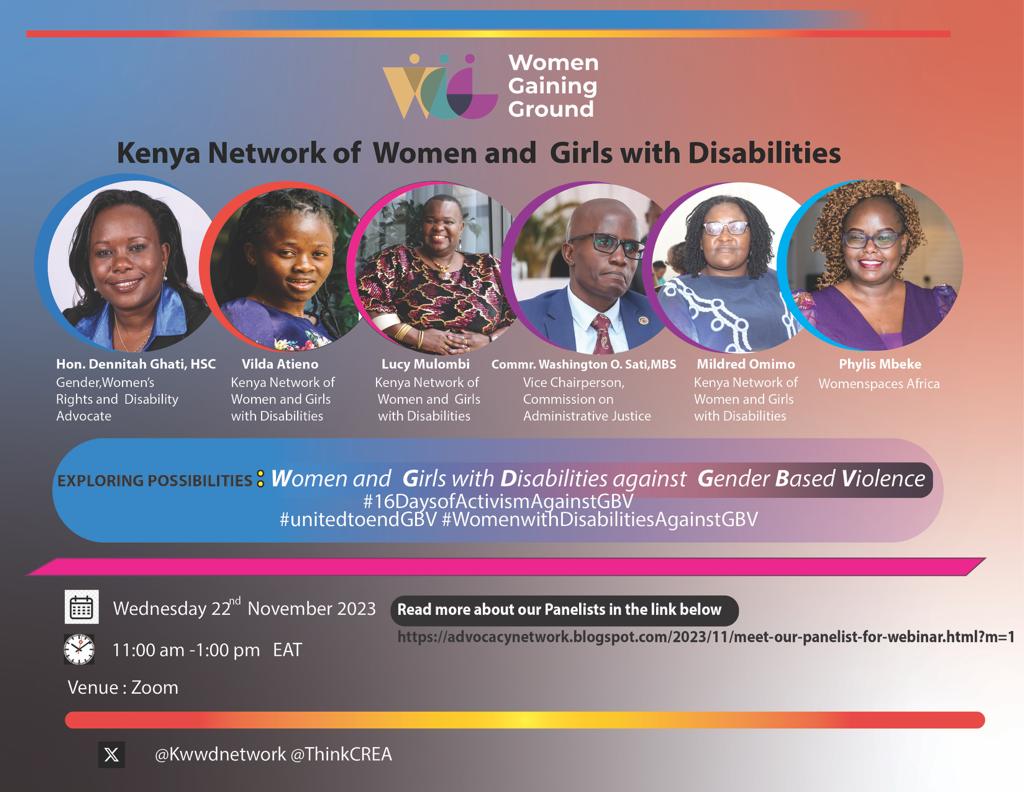 Webinar Alert!!!
Exploring possibilities : Women and Girls with disabilities against gender based violence 
Date; 22nd November 2023,10-1 pm EAT 
#womengaininground
@ThinkCREA
@Kwwdnetwork 
@WCCKenya 
@CBM_Global_KE 
@LMulombi