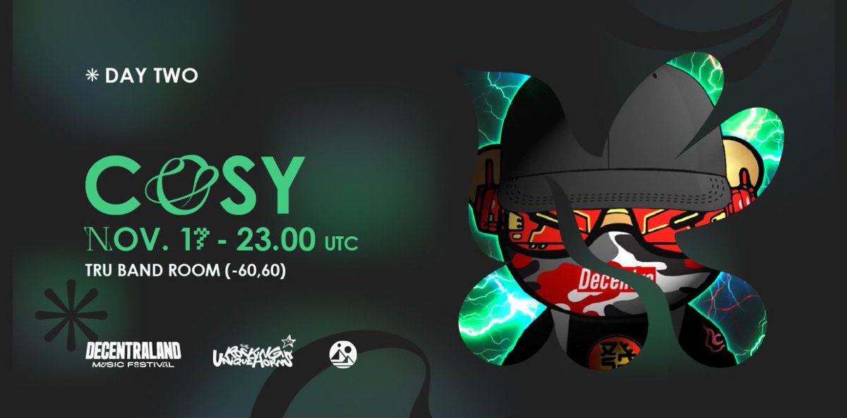 Cosy (@cosyartist) on Twitter photo Tonight I have the incredible honor of performing on the <a href="/Uniquehorns_nft/">TRUs - The Rocking Uniquehorns NFT</a> Main Stage of #DCLMF23!!
Get ready to feel the bass drop and beats collide as I unleash a fusion of Drum βnβ Bass, Dubstep and electrifying visuals that will overload your senses!
11PM UTC // -60,60 π¨ Tonight I have the incredible honor of performing on the <a href="/Uniquehorns_nft/">TRUs - The Rocking Uniquehorns NFT</a> Main Stage of #DCLMF23!!
Get ready to feel the bass drop and beats collide as I unleash a fusion of Drum βnβ Bass, Dubstep and electrifying visuals that will overload your senses!
11PM UTC // -60,60 π¨