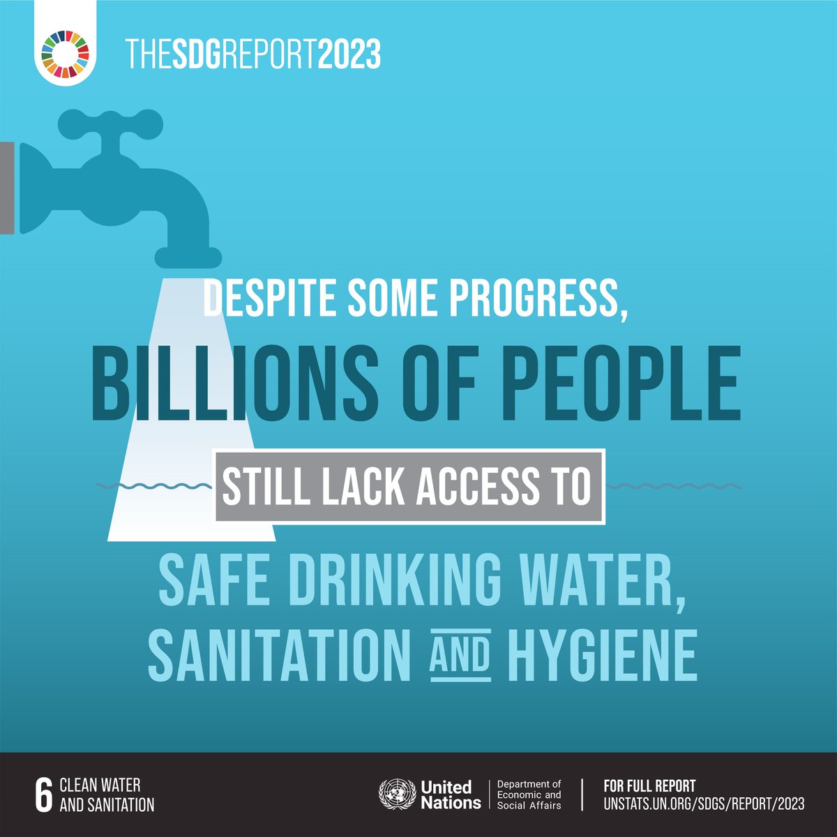 Despite progress: 💧 2.2 billion people still lacked safely managed drinking water 💧 3.5 billion lacked safely managed sanitation and 💧 2.0 billion lacked basic hygiene services Get the latest data from the #SDGreport: bit.ly/SDG_Report_2023 #GlobalGoals #WorldToiletDay