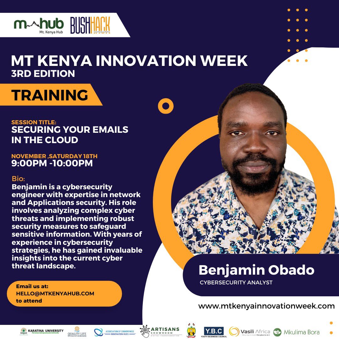 Join us as we host Benjamin Obado and Shadrack Kiprotich in informative training sessions on robust cybersecurity measures and automation using Microsoft's Power Platform👨🏾‍💻

Venue: Mt Kenya Hub Campus along Ring Road Opposite Nyeri National Polytechnic 

#InnovationRedefined