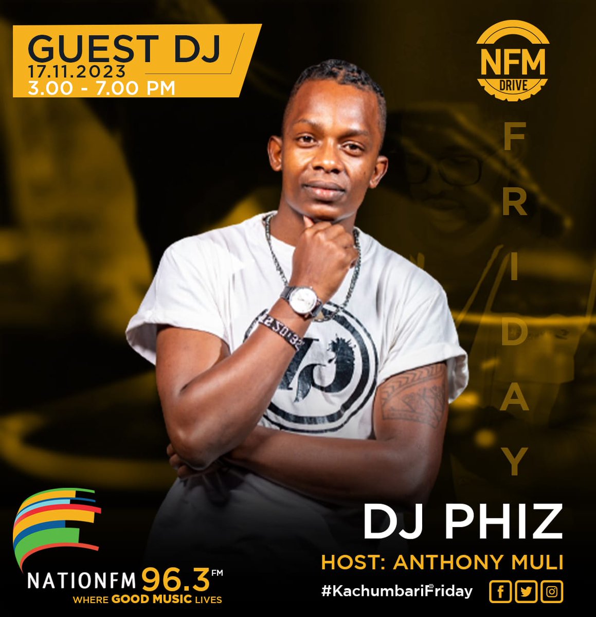 NationFmKE's tweet photo. Join us today for double the fun in the best show on this side of the Sahara!

@_deejayphiz is in the building. Ni kumoto manze🔥

@nduva_anthoni x @DjGazaking

#NFMDrive #KachumbariFriday https://t.co/P4vTG93C4g