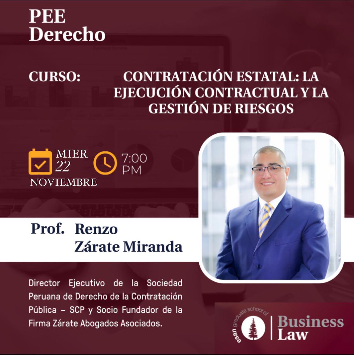 renzozarate's tweet photo. @esanperu y ESAN Graduate School of Business - ESAN Business Law impartirá el curso “Contratación Estatal: La ejecución contractual y la gestión de riesgos”. Les comparto el enlace:👇👇

https://t.co/brgtuf4soC https://t.co/FL2gjAnNvQ