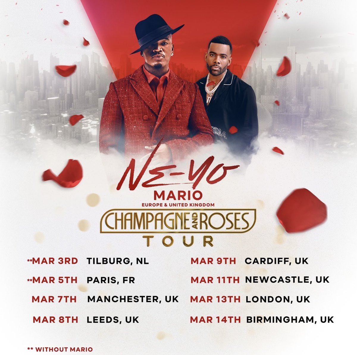 NeYoCompound's tweet photo. The CHAMPAGNE &amp; ROSES TOUR is going overseas! Excited to be hitting Europe &amp; the UK with my brother @OHYESMARIO in 2024! Tickets go on sale 11/24! #ChampagneAndRosesTour🥂🌹 https://t.co/D7VPhl9xm9