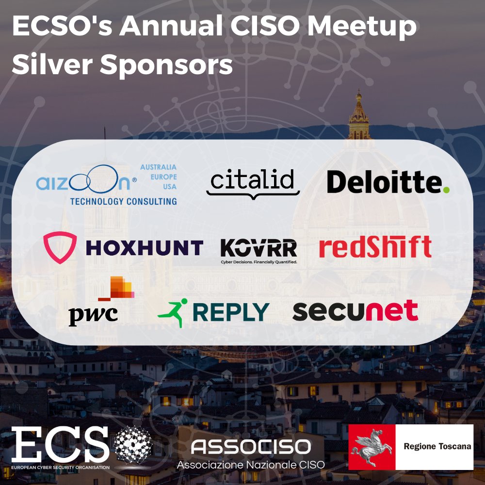 ECSO (@ecso_eu) on Twitter photo Shout-out to our Silver Sponsors! 🌟
ECSO sincerely thanks our Silver Sponsors for the Annual CISO Meetup: <a href="/aizoongroup/">aizoOn Technology Consulting</a>, <a href="/Citalid/">Citalid</a>, <a href="/DeloitteItalia/">Deloitte Italia</a>, <a href="/hoxhunt/">Hoxhunt</a>, <a href="/kovrrIns/">KOVRR</a>, redShift, <a href="/PwC_Italia/">PwC Italia</a>, <a href="/Reply_UK/">Reply</a>, and <a href="/secunet_AG/">secunet</a>.
More information on the event: bit.ly/3rALANg Shout-out to our Silver Sponsors! 🌟
ECSO sincerely thanks our Silver Sponsors for the Annual CISO Meetup: <a href="/aizoongroup/">aizoOn Technology Consulting</a>, <a href="/Citalid/">Citalid</a>, <a href="/DeloitteItalia/">Deloitte Italia</a>, <a href="/hoxhunt/">Hoxhunt</a>, <a href="/kovrrIns/">KOVRR</a>, redShift, <a href="/PwC_Italia/">PwC Italia</a>, <a href="/Reply_UK/">Reply</a>, and <a href="/secunet_AG/">secunet</a>.
More information on the event: bit.ly/3rALANg