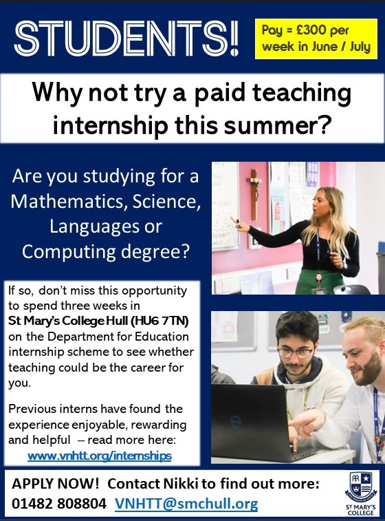 Summer Internships are available through Vantage North Humber Teacher Training.  For further details, visit our website vnhtt.org/internship

#teach #graduate #internship #STEM #hull
