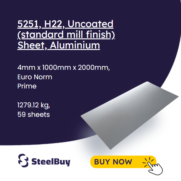 🔥 Check out this Aluminium Sheets Listing: 5251, H22, Uncoated (Standard Mill Finish) 🔥

🔘 Material: Aluminium
📏 Size: 4mm x 1000mm x 2000mm
🌍 Euro Norm Certified
🌟 Condition: Prime
💪 Robust Weight: 1279.12 kg
📦 Grab Yours Today: Limited Quantity of 59 sheets