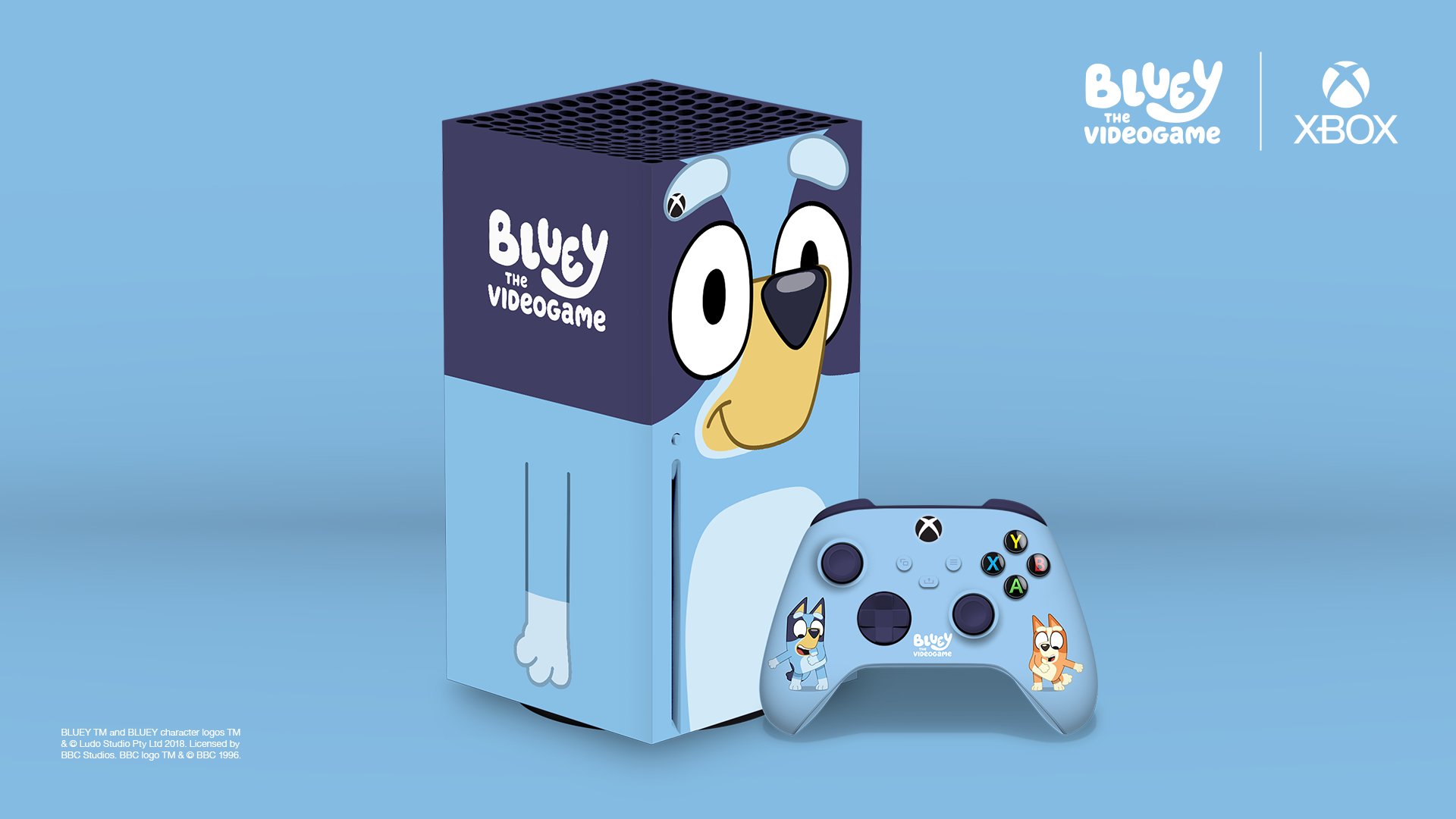 Blue graphic with a Bluey-themed custom Xbox Series X and controller in the middle. There is a logo lockup in the top right corner that juxtaposes the Bluey the Videogame and Xbox logos separated by a thin line. Fineprint in the bottom left corner reads "BLUEY TM and BLUEY character logos TM & © Ludo Studio Pty Ltd 2018. Licensed by BBC Studios. BBC logo TM & © BBC 1996.