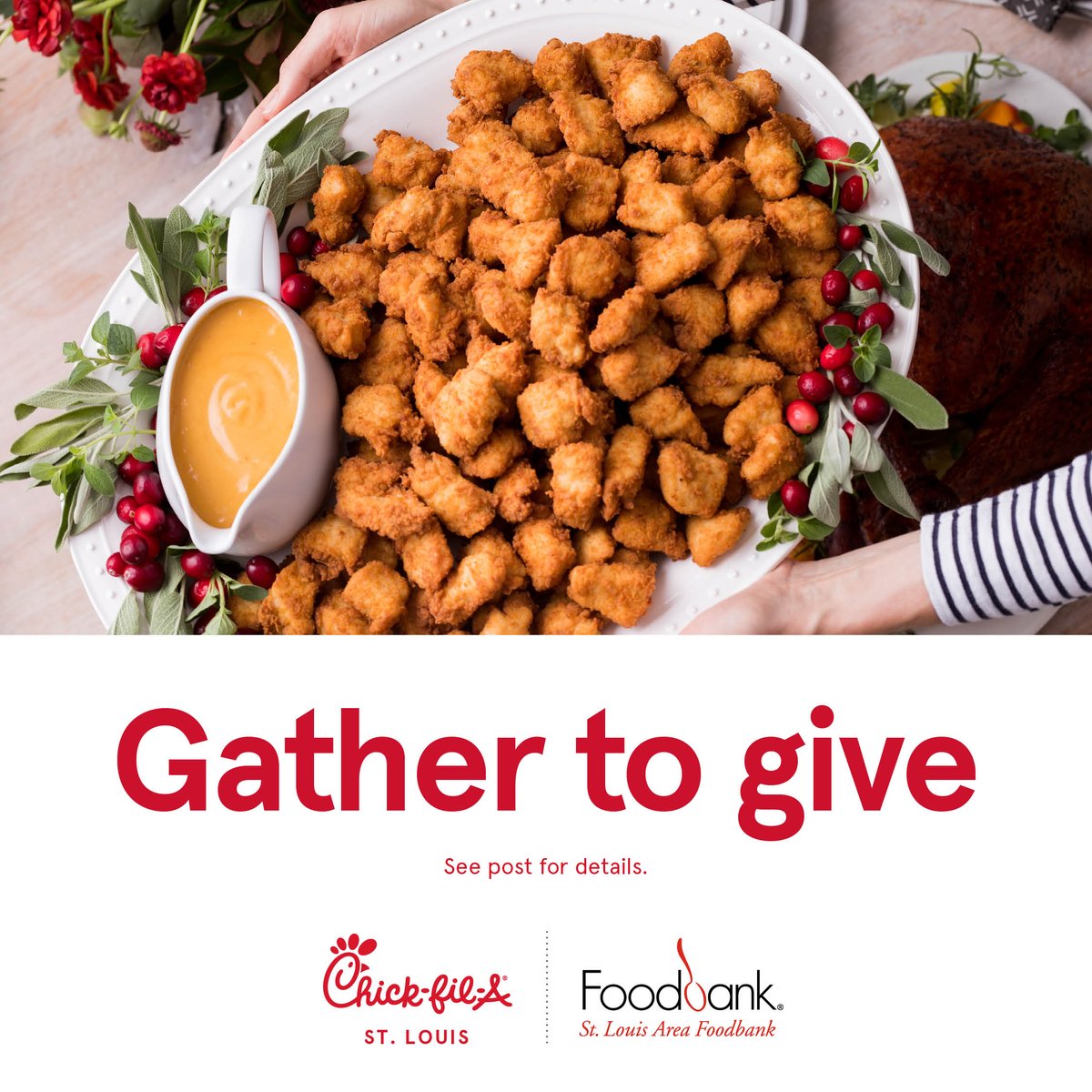 From November 13th-25th, our friends at Chick-Fil-A are donating a percentage of each nugget tray they sell to support the St. Louis Area Foodbank! Enjoy some delicious Chick-Fil-A with friends this holiday season and help provide nutritious food for our neighbors in need.