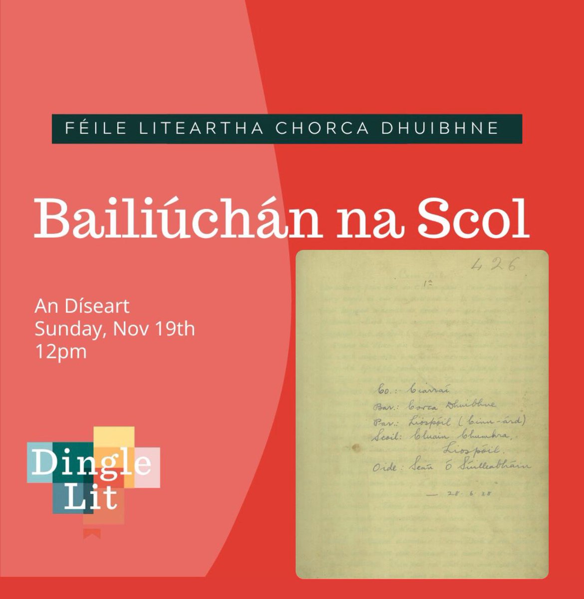 Ag súil go mór leis an imeacht seo a bheidh ar siúl an Domhnach beag seo mar chuid de @DingleLit. 
Bailiúchán de bhéaloideas agus scríbhneoireacht ó dhalta scoil Eoin Baiste, Lios Póil. 
Beidh cuid de na daltaí le clos ag léamh a saothair ar an lá. 
dinglelit.ie/news/event/bai…