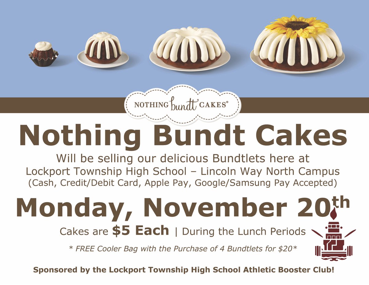 Our friends at Nothing Bundt Cakes will be bringing their cakes to our freshmen campus at Lincoln-Way North!! Great way to start the Holiday week for our young Porters and Staff! @LTHSBoosters1 @LockportHS205 #porterpride