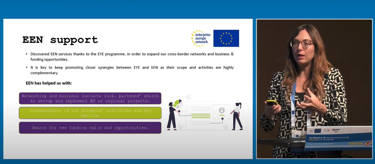 EYEprogramme's tweet photo. Unlocking post-Erasmus success! How does EEN support entrepreneurs after #EYE? Beatrice Avagnina, MD of Consulta Europa, shares her story at the EEN Annual conference. Discover the benefits she gained, including ongoing support, new opportunities, clients, and funding. #EEN2023 https://t.co/anZVKrf2LD