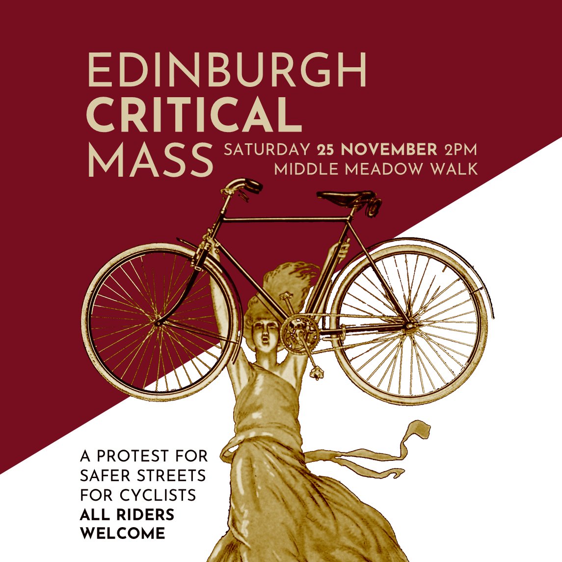 Join us next Saturday 25th November for our final #CriticalMass ride of the year, starting at 2PM, Middle Meadow Walk Each month, we take to the streets to highlight our right to occupy the road, campaign for better routes for cyclists and enjoy some music and company Join us!
