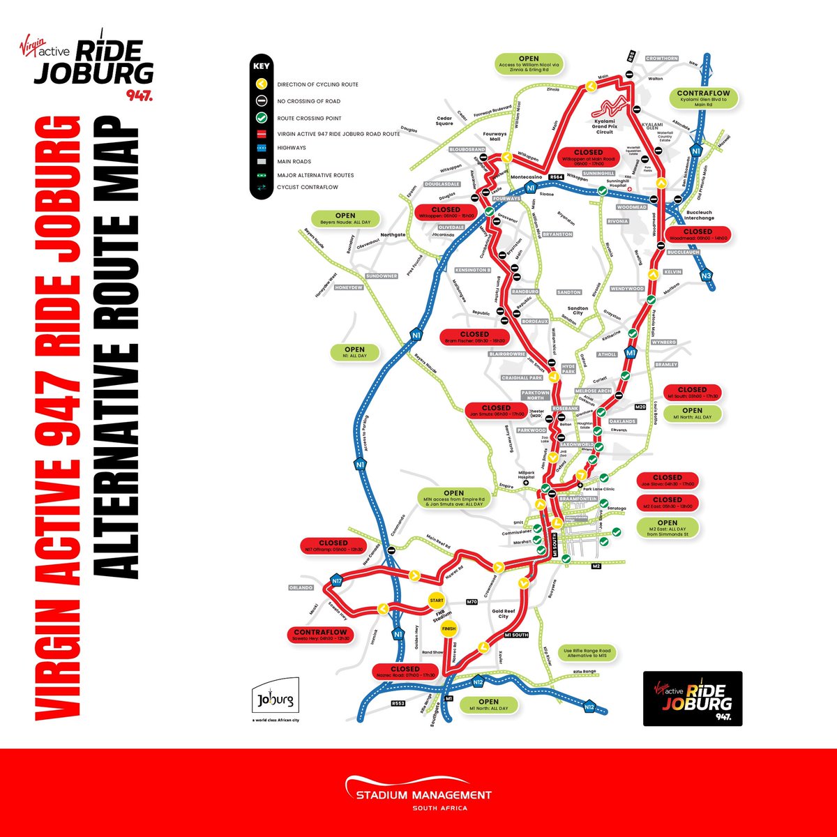 ￼ Participating in Sunday’s Virgin Active 947 Ride Joburg? Please see these images for information on alternative routes and details on all road closures in and around the race routes. Travel early to avoid unforeseen delays on your way to FNB Stadium!   #smsa #ridejhb