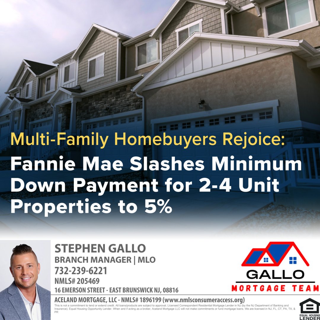 Happy Friday, and Great News From Fannie Mae!

Big news from Fannie Mae for 2-4 unit properties for Conventional Loans!

Starting Nov 18th, buyers can purchase a 2-4 unit primary home with just 5% down 😱

gallomortgageteam.com
.
.
.
#acelandmortgage #gallomortgageteam