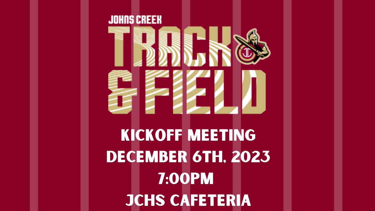 Johns Creek TF / XC (@johnscreektfxc) on Twitter photo Johns Creek Track & Field Kickoff Meeting will be on December 6th, 2023 at 7pm in the JCHS Cafeteria!!
Come check out what is new, what is the same, and what exciting things are coming in the future!!! #WeAre #GladiatorsTF <a href="/FCS_JCHS/">Johns Creek High</a> <a href="/jcgladiators/">Johns Creek Athletics</a> @LeadGladiator Johns Creek Track & Field Kickoff Meeting will be on December 6th, 2023 at 7pm in the JCHS Cafeteria!!
Come check out what is new, what is the same, and what exciting things are coming in the future!!! #WeAre #GladiatorsTF <a href="/FCS_JCHS/">Johns Creek High</a> <a href="/jcgladiators/">Johns Creek Athletics</a> @LeadGladiator
