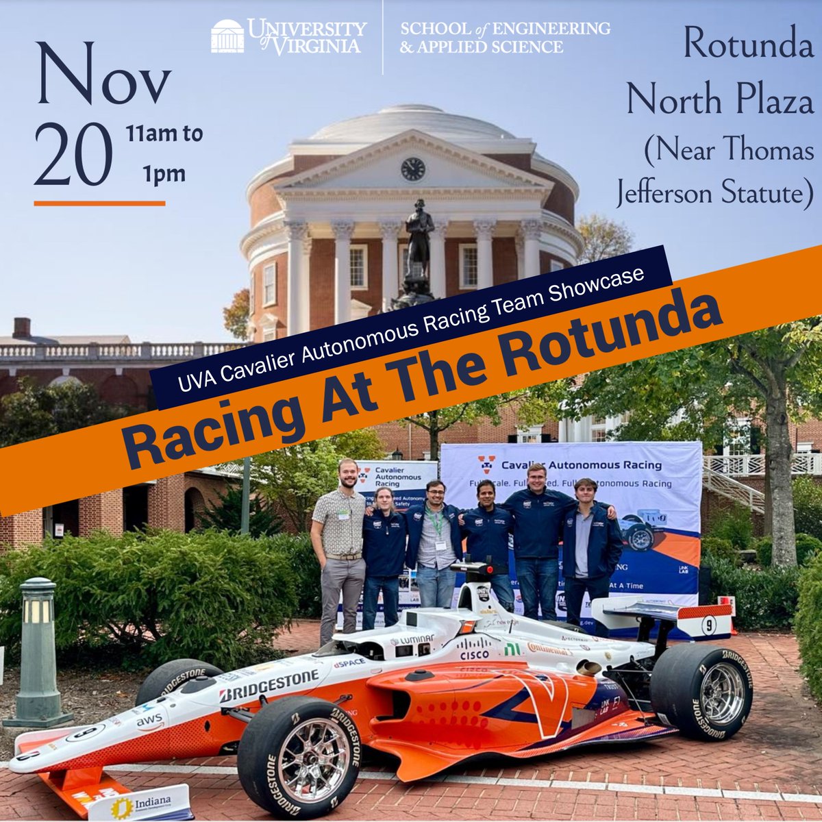 Join us at @UVA Rotunda, Nov 20, 11am-1pm, for the Cavalier Autonomous Racing Team's Indy car showcase! 🏎️ 🏁🏛️ @UVAEngineers @IndyAChallenge @cavalierdaily @CS_UVA @uvavpr