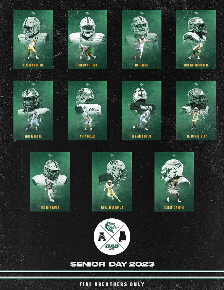 𝗧𝗵𝗮𝗻𝗸 𝗬𝗼𝘂, 𝟮𝟬𝟮𝟯 𝗦𝗲𝗻𝗶𝗼𝗿𝘀. 👏

Grateful for this group - Excited to honor these 11 tomorrow for senior day. 💪❤️‍🔥 

Cannot Thank them enough for everything they have done for <a href="/UAB_FB/">UAB Football</a>.🔥✅

#FireBreathersOnly // #ServeGrowLaunch