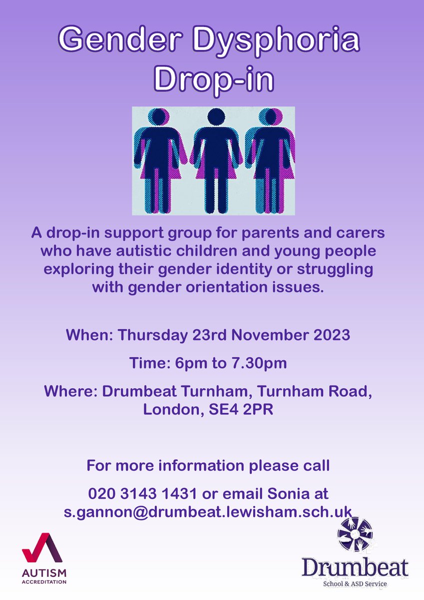 Gender Dysphoria Drop-In with <a href="/DrumbeatTweets/">Drumbeat School</a> 

#ASD #ParentCarer #Lewisham