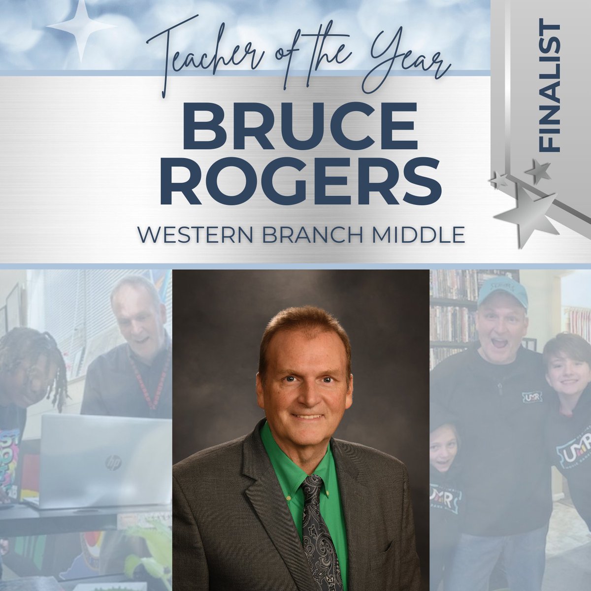 cpschoolsva's tweet photo. 🌟 Join us in celebrating Bruce Rogers, a Teacher of the Year Finalist from @wbmbruins! 💙💛 Before teaching, he was a @HarrisTeeter Store Director and then substitute taught for CPS, covering 31 CPS schools!  Congratulations!🎉#CPSCelebrates #ElevateEducatorsVA #CPSTOY https://t.co/i01emkS6sW