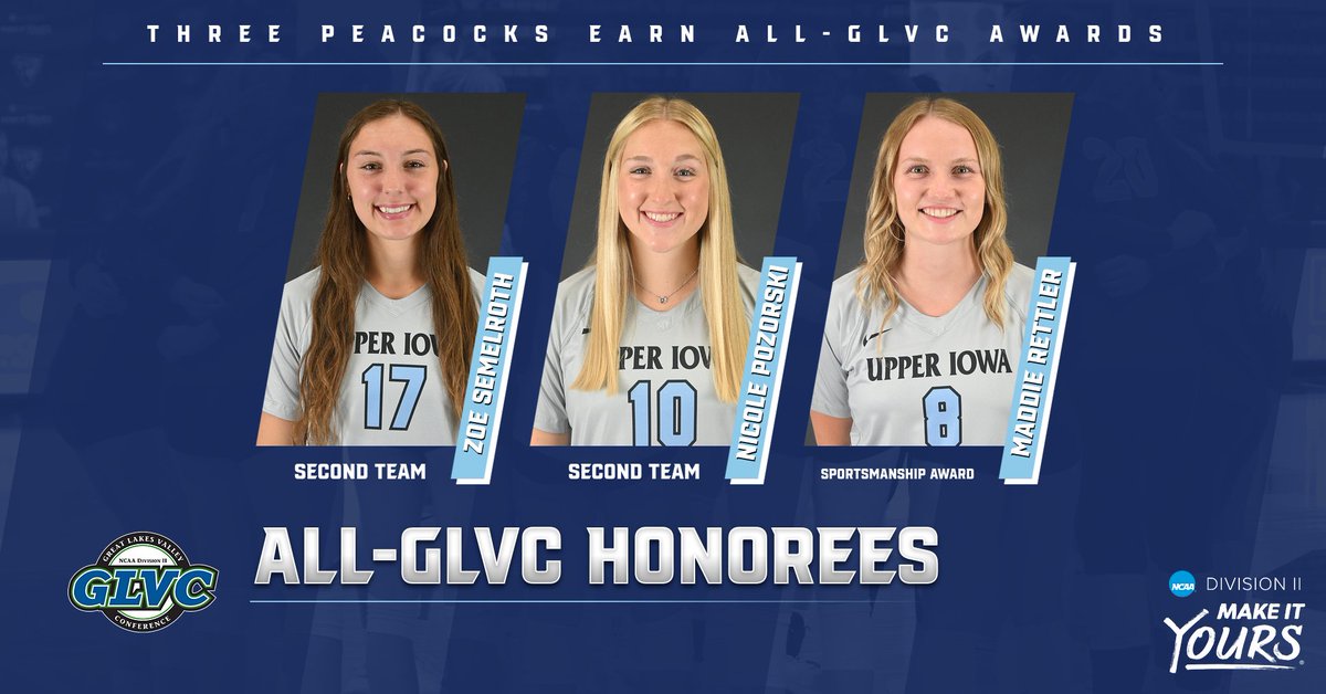 Peacock Athletics (@uiupeacocks) on Twitter photo Three <a href="/UIU_Volleyball/">Upper Iowa Volleyball</a> athletes earned postseason awards! Congratulations to Semelroth and Pozorski for earning Second Team All-GLVC and Rettler the James R. Spalding Sportsmanship Award! #FeathersUp
🔗uiupeacocks.com/news/2023/11/1… Three <a href="/UIU_Volleyball/">Upper Iowa Volleyball</a> athletes earned postseason awards! Congratulations to Semelroth and Pozorski for earning Second Team All-GLVC and Rettler the James R. Spalding Sportsmanship Award! #FeathersUp
🔗uiupeacocks.com/news/2023/11/1…