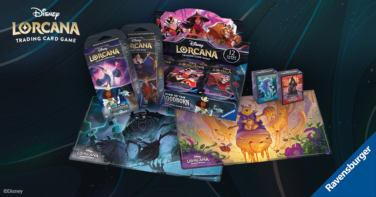 DisneyLorcana's tweet photo. It's here! The second set for the Disney Lorcana TCG, Rise of the Floodborn, is now available at hobby retailers, World of Disney at Disney Springs, Disney Pin Traders at Downtown Disney, Storybook Store at Disneyland Paris, and Disney Retail Stores globally! #Disney #Lorcana https://t.co/fRcgJmGqrk