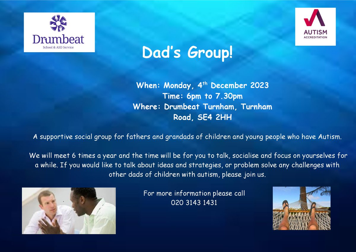 Dads' Group with <a href="/DrumbeatTweets/">Drumbeat School</a> 

#ASD #ParentCarer #Autism #Lewisham