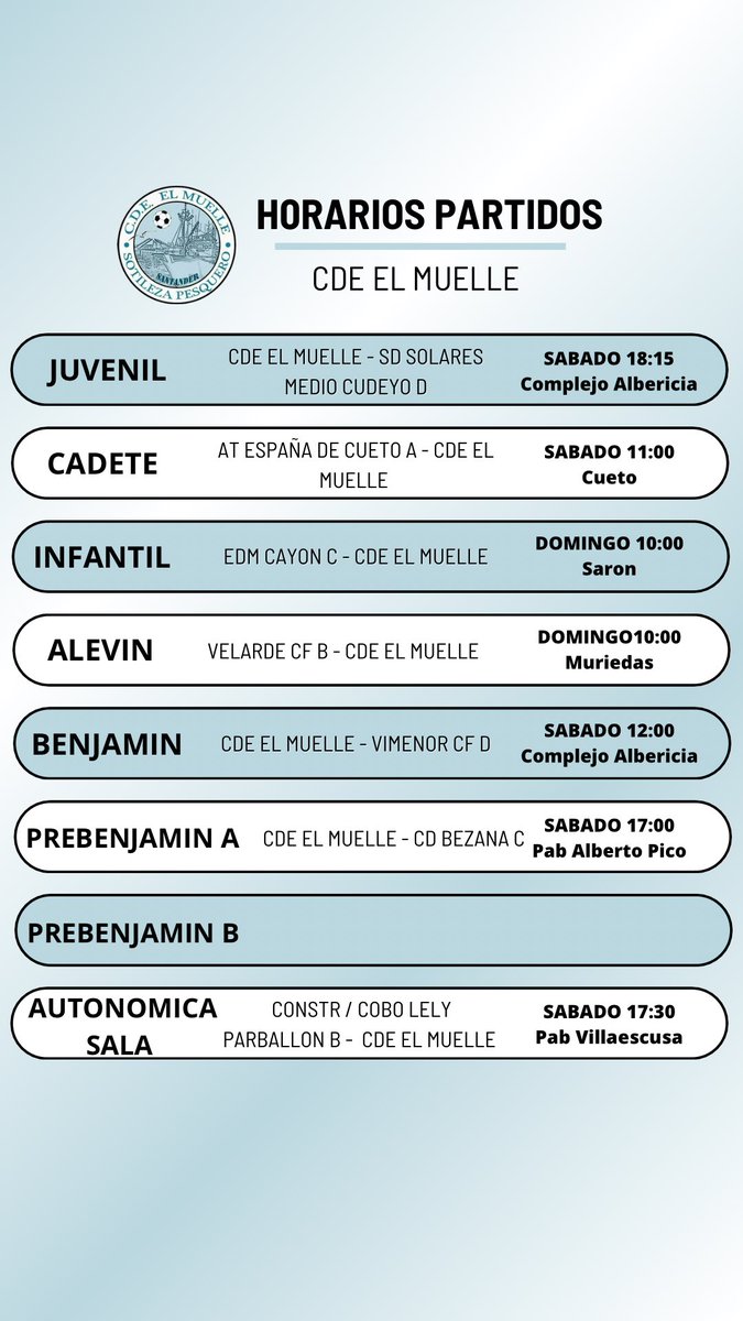 cdeelmuelle's tweet photo. HORARIOS PARTIDOS FIN DE SEMANA 

#VamosMuelle #VamosAzules 💪💙⚽️ https://t.co/4fdGo42mqX