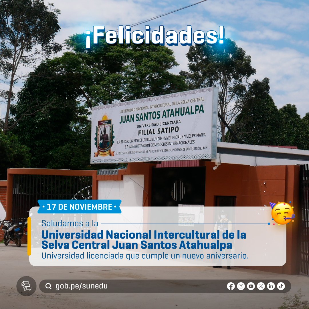 SuneduPeru's tweet photo. Saludamos a la Universidad Nacional Intercultural de la Selva Central Juan Santos Atahualpa: universidad licenciada que hoy celebra un nuevo aniversario. 🥳
¡Muchas felicidades a toda su comunidad universitaria! ✨
✅ Conoce más de la #UNISCJSA en https://t.co/4W7RM3p3Fc https://t.co/SYQCK6PoSl